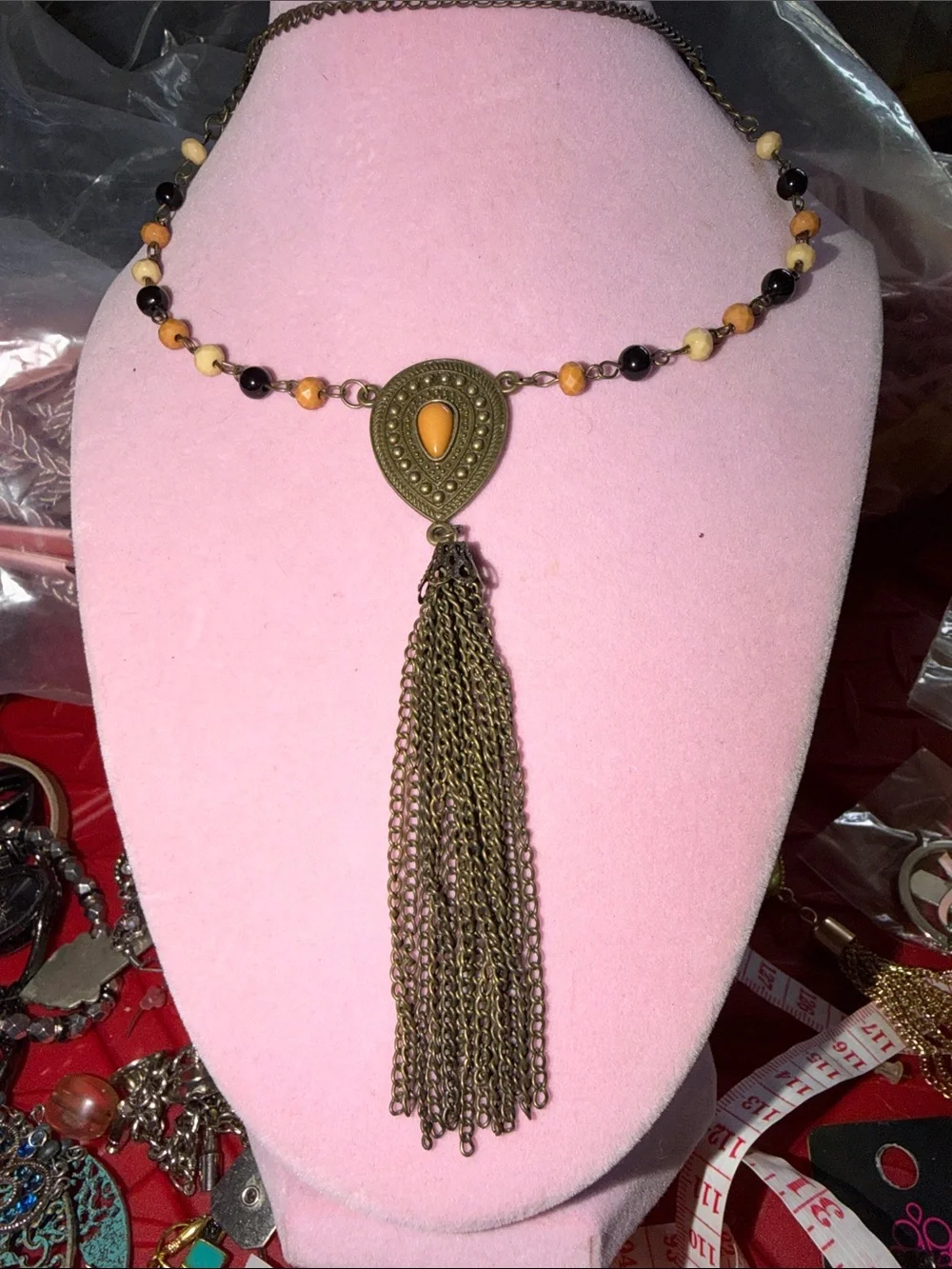 Boho Tassel Pendant Necklace in Amber and Black, 32”, 5” Tassel Drop, (J0118)